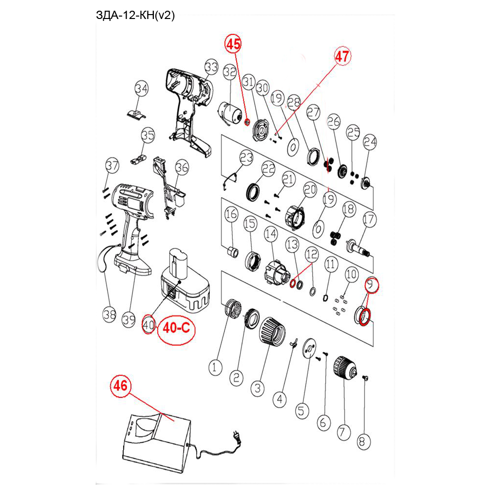 Дрель - шуруповерт, 2 АКБ ЗДА-12-КН